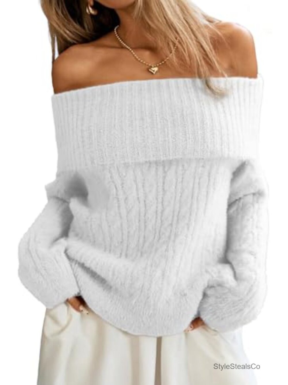 Off Shoulder Cable Knit Sweater Soft Oversized Pullover Wide Collar